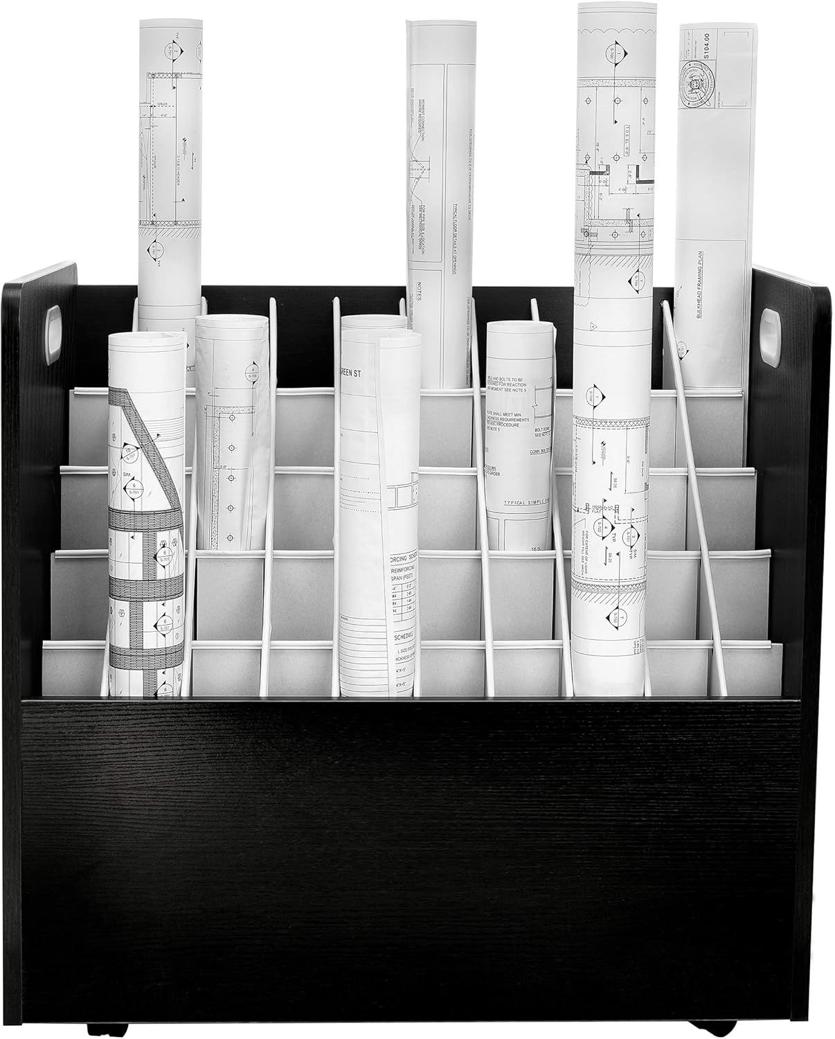 Black Particle Board Mobile Roll File with 50 Compartments