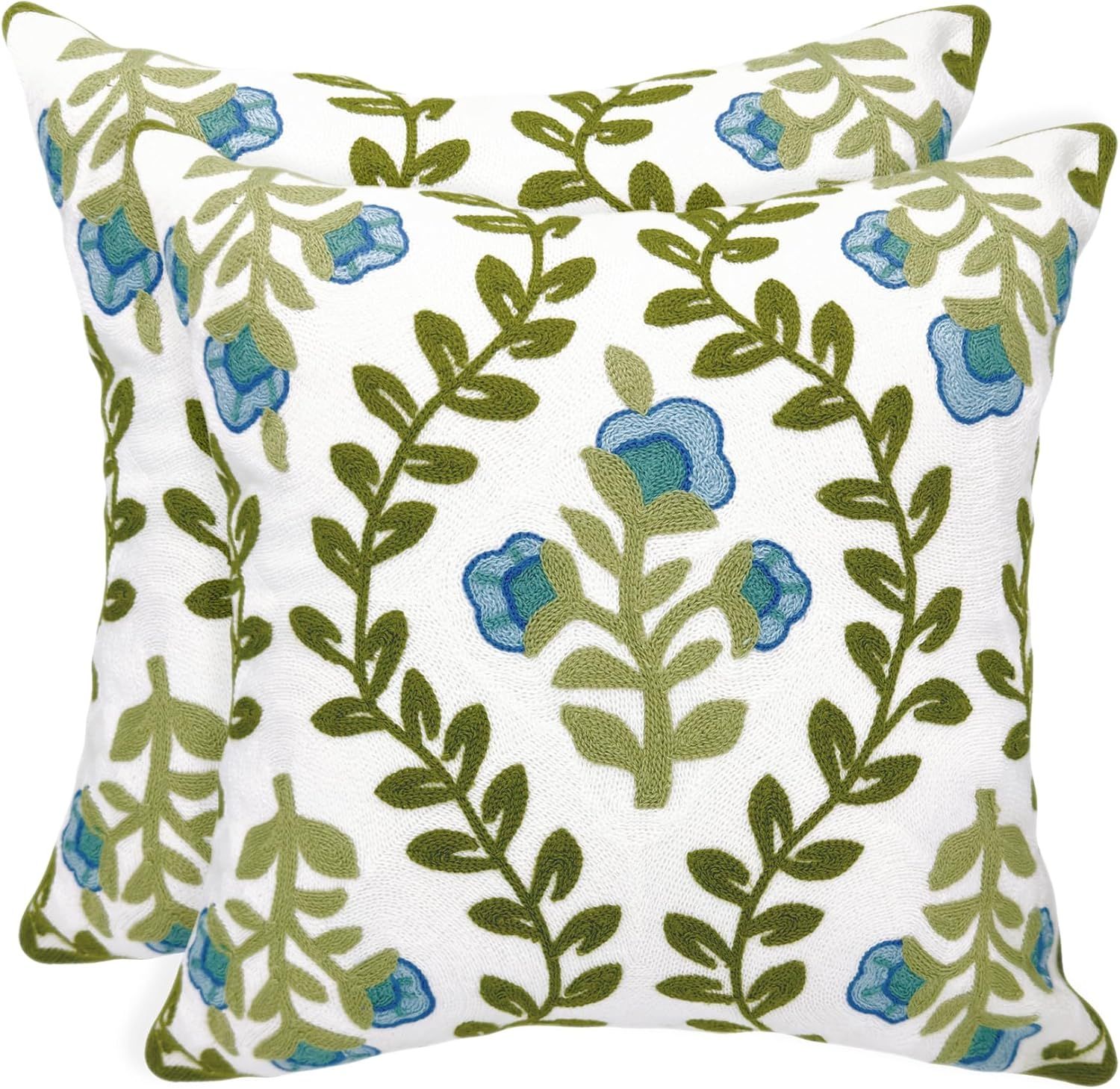 Farmhouse Blue and Green Floral Embroidered Cotton Pillow Covers 20" x 20" Set of 2