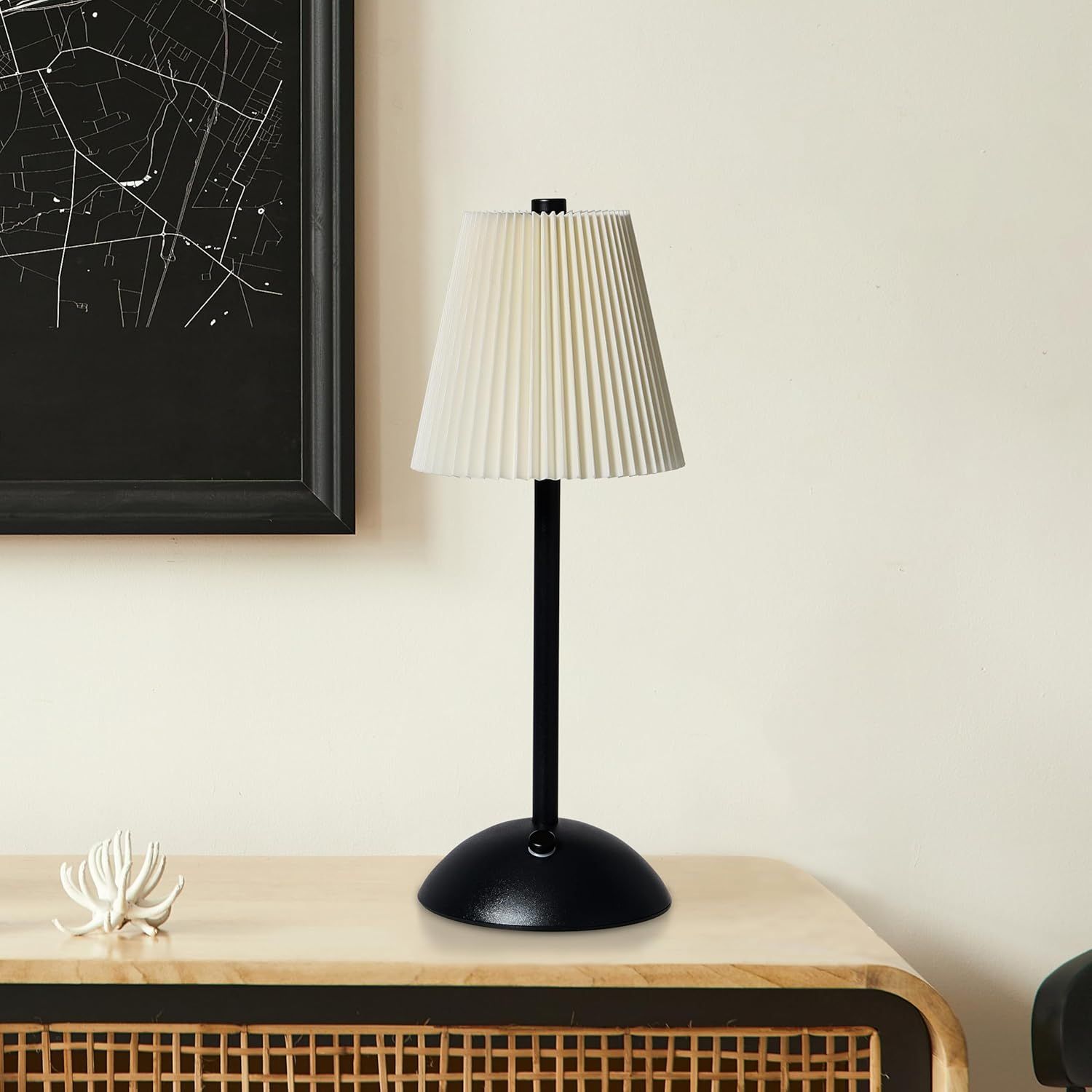 14" Black Cordless Table Lamp with White Pleated Shade
