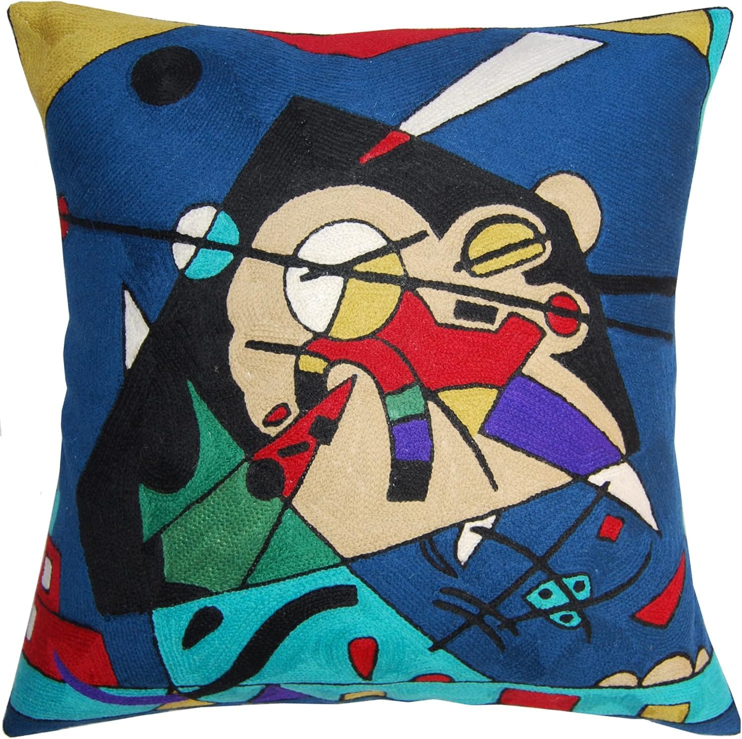 Kandinsky Blue Harmony Embroidered Cotton Wool Pillow Cover 18x18