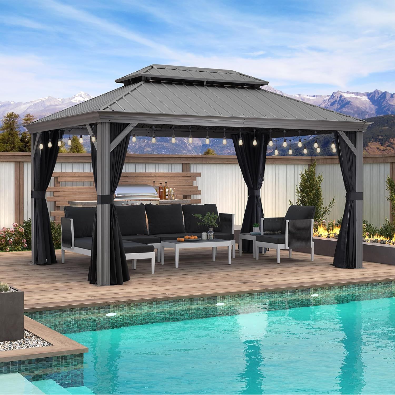 Gray 10' x 14' Hardtop Gazebo with String Lights and Curtains