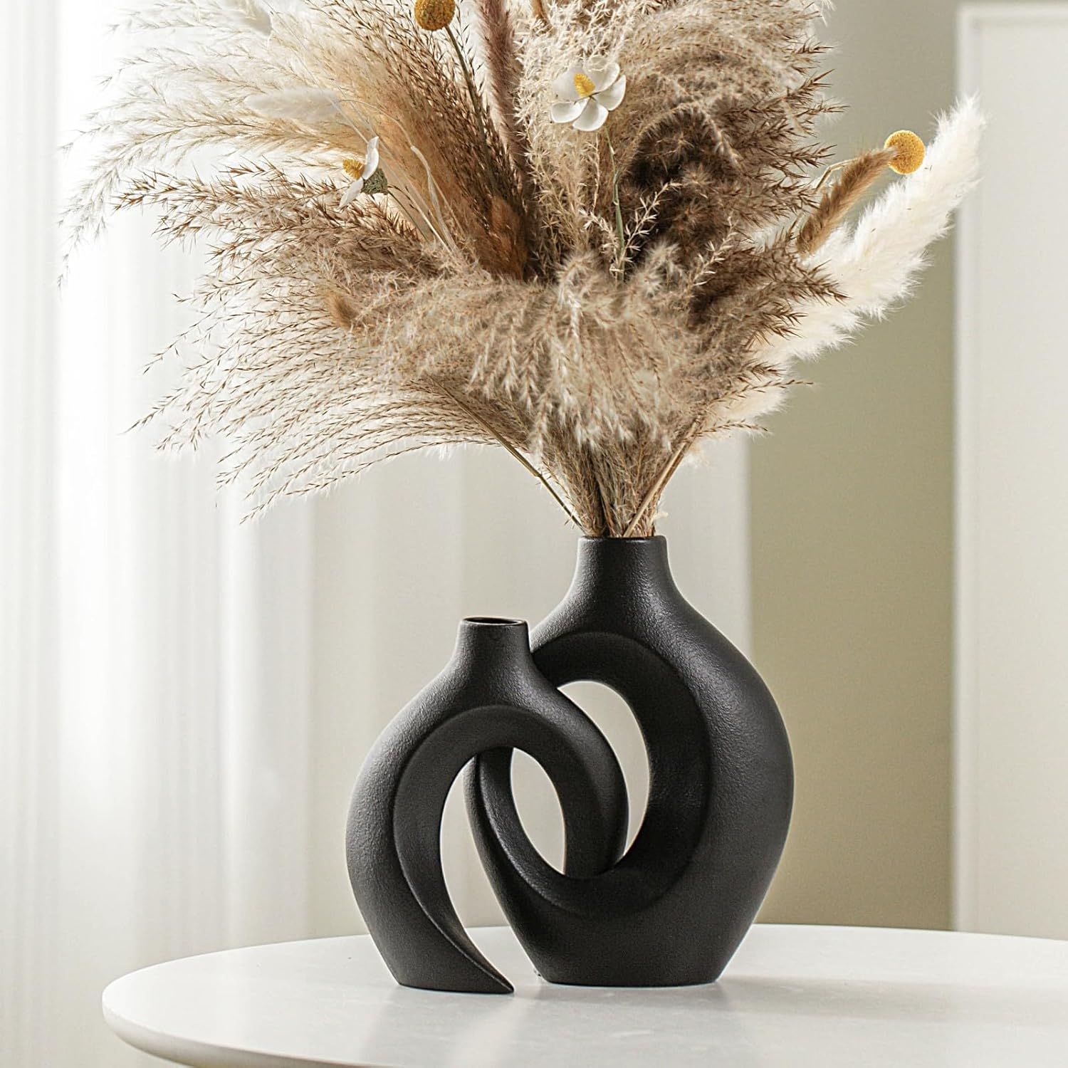 Matte Black Ceramic Decorative Vase Set with Curved Design