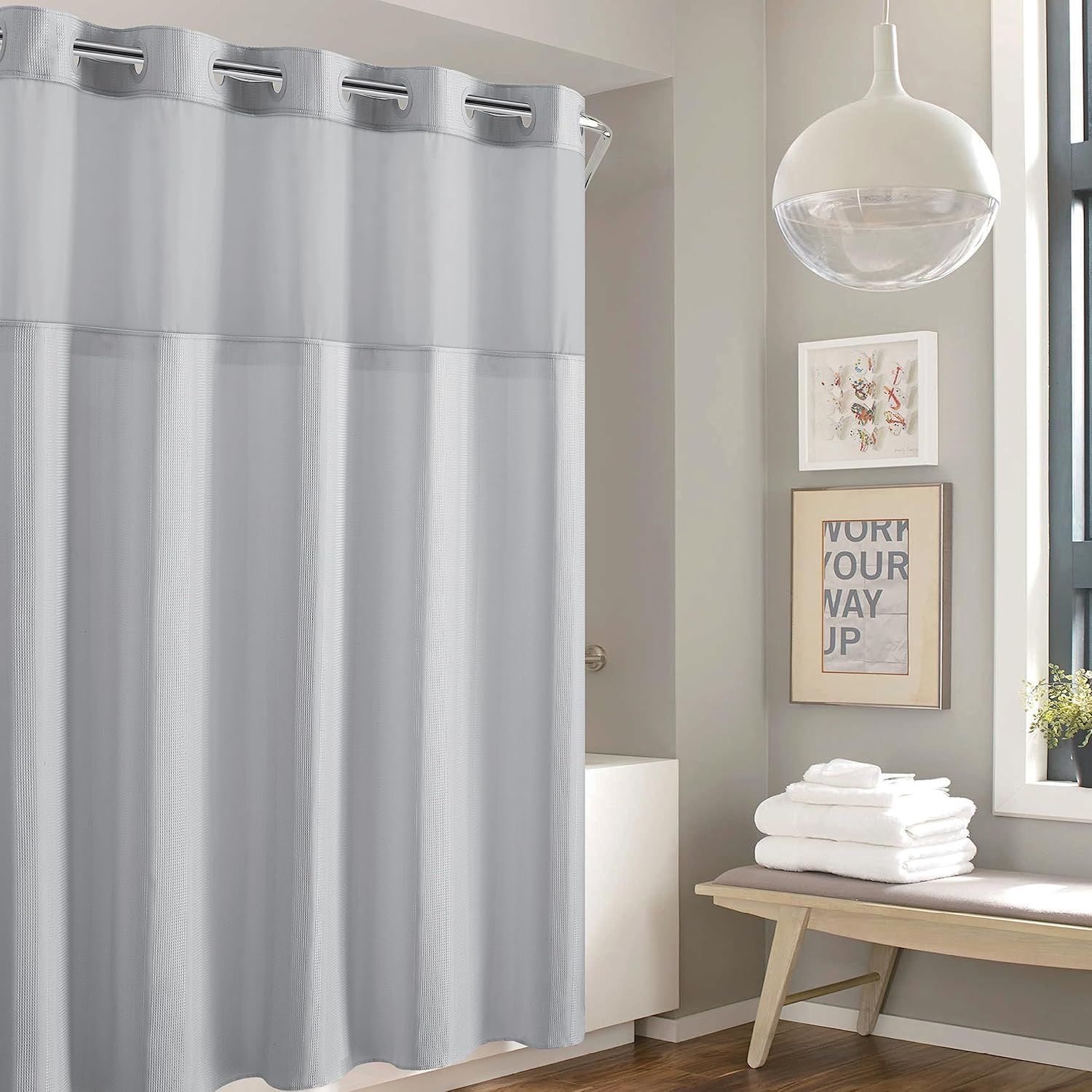 Light Gray Waffle Stripe Hookless Fabric Shower Curtain with Liner