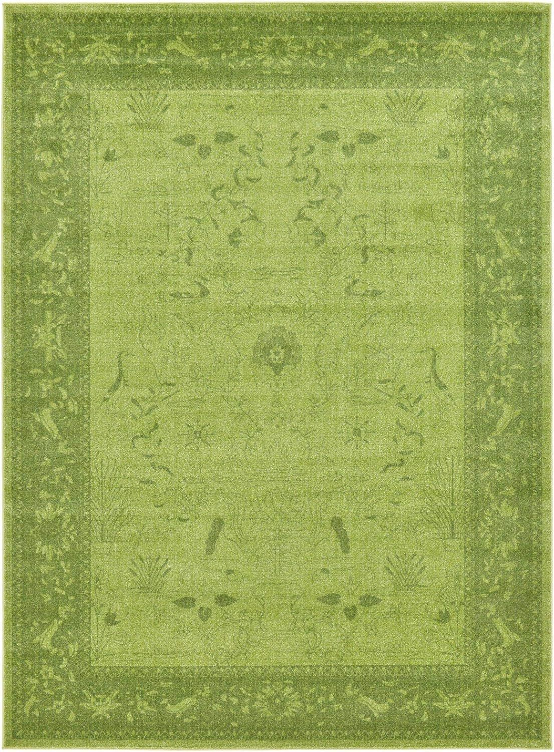 Green Floral Synthetic Rectangular Area Rug with Border Embellishment