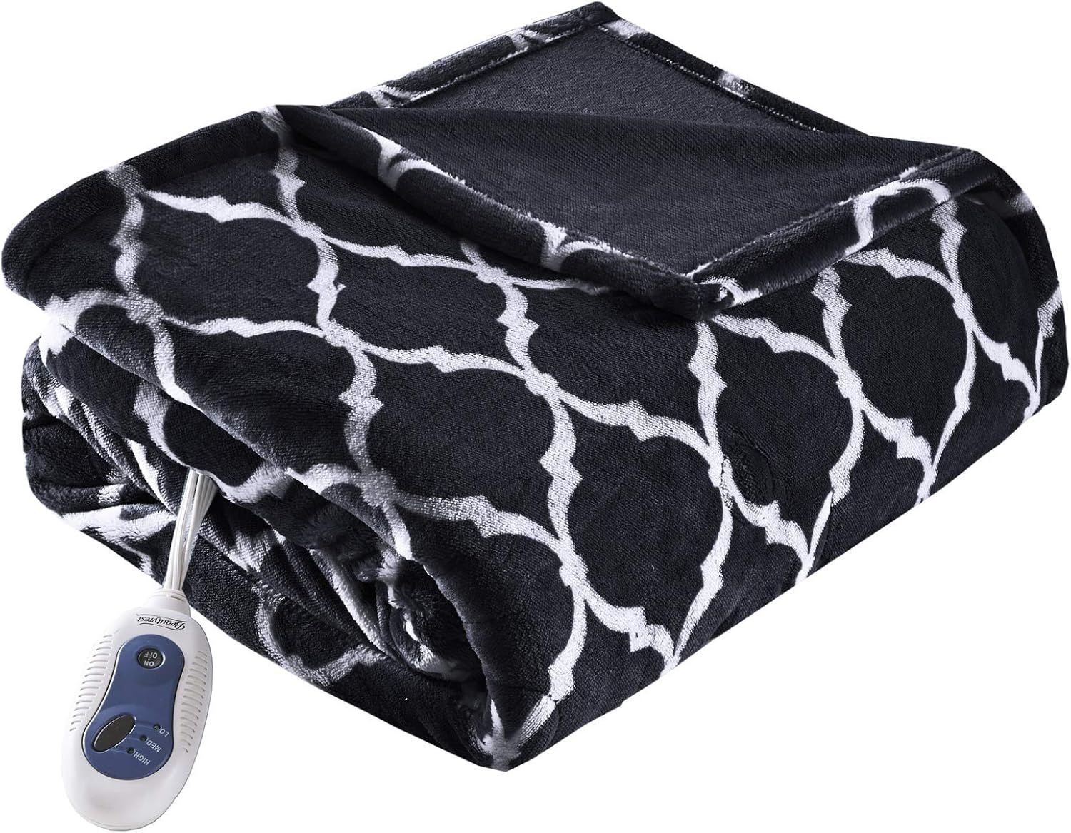 Beautyrest Ogee Printed Plush Electric Blanket for Cold Weather, Fast Heating, Auto Shut Off, Virtually Zero EMF, Multi Heat Setting, UL Certified, Machine Washable, Black Oversized Throw 60x70"