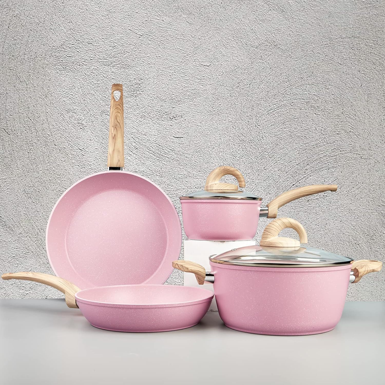 Pink Ceramic Non-Stick Cookware Set with Wood Handles