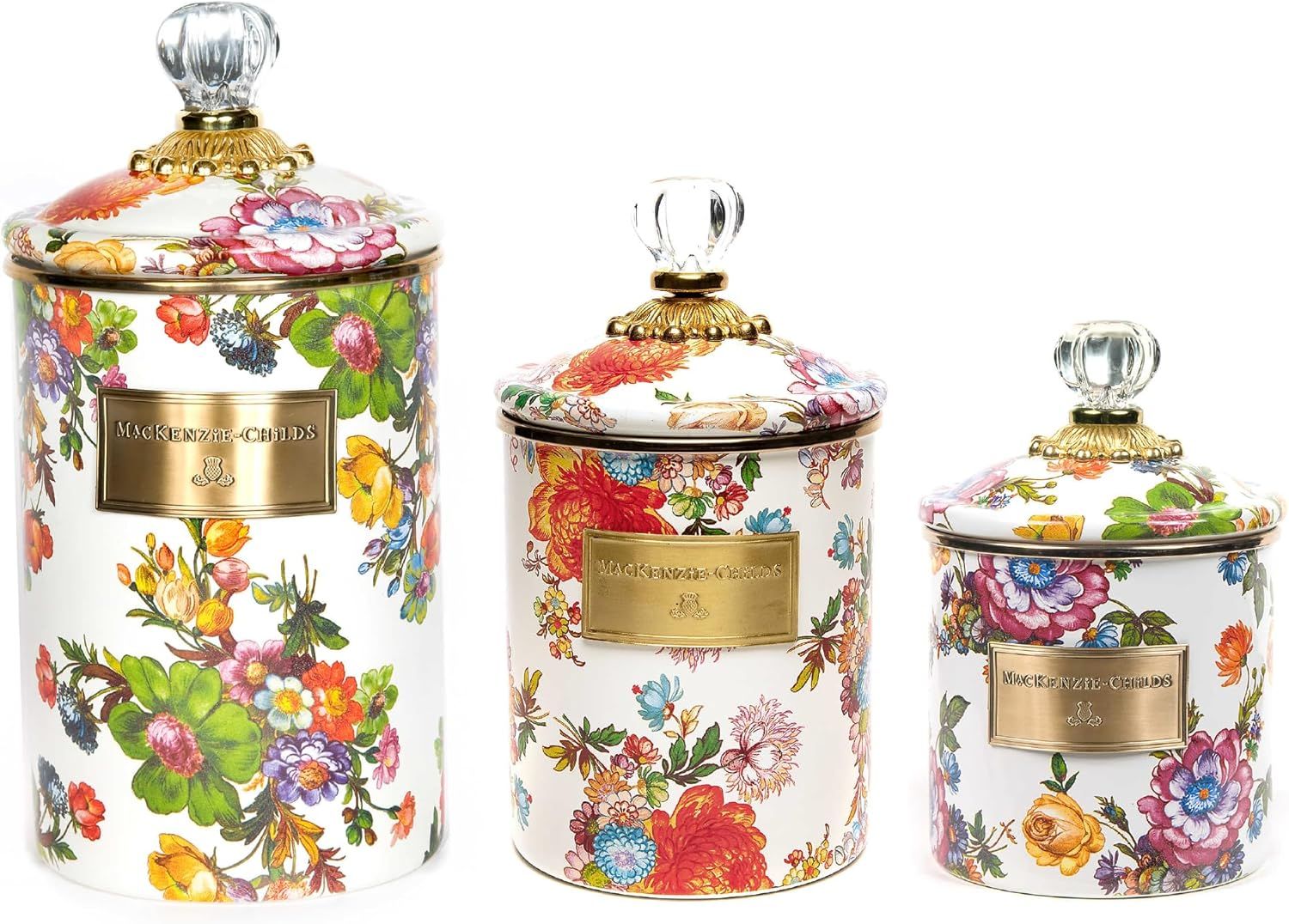 White and Gold Floral Enamel Canister Set with Glass Knobs