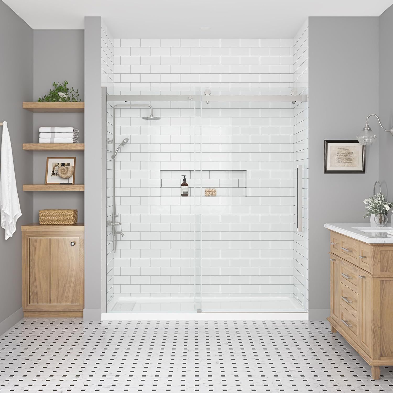 Bel Soft Close Satin Nickel Frameless Sliding Shower Door with Clear Glass