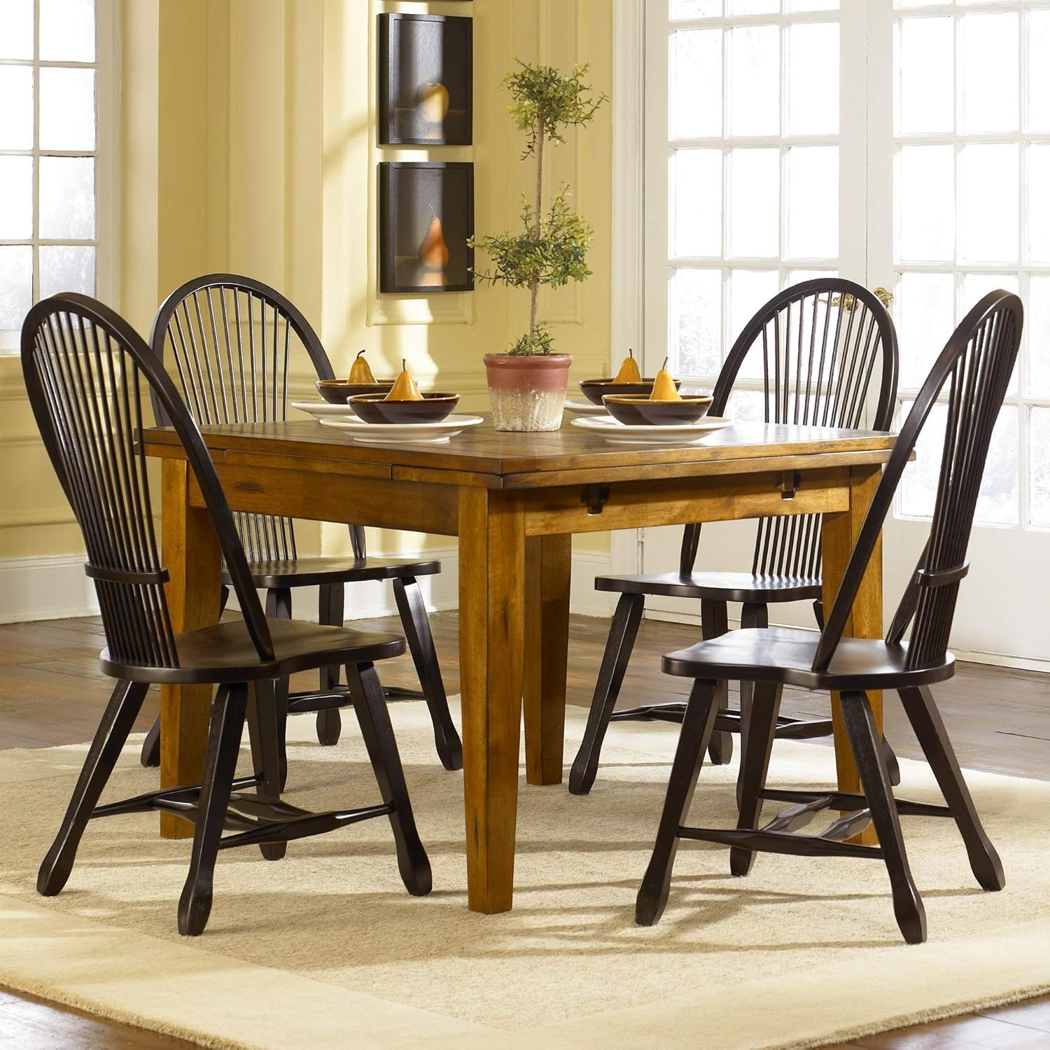 Rustic Oak 5-Piece Dining Set with Black Sheaf Back Chairs