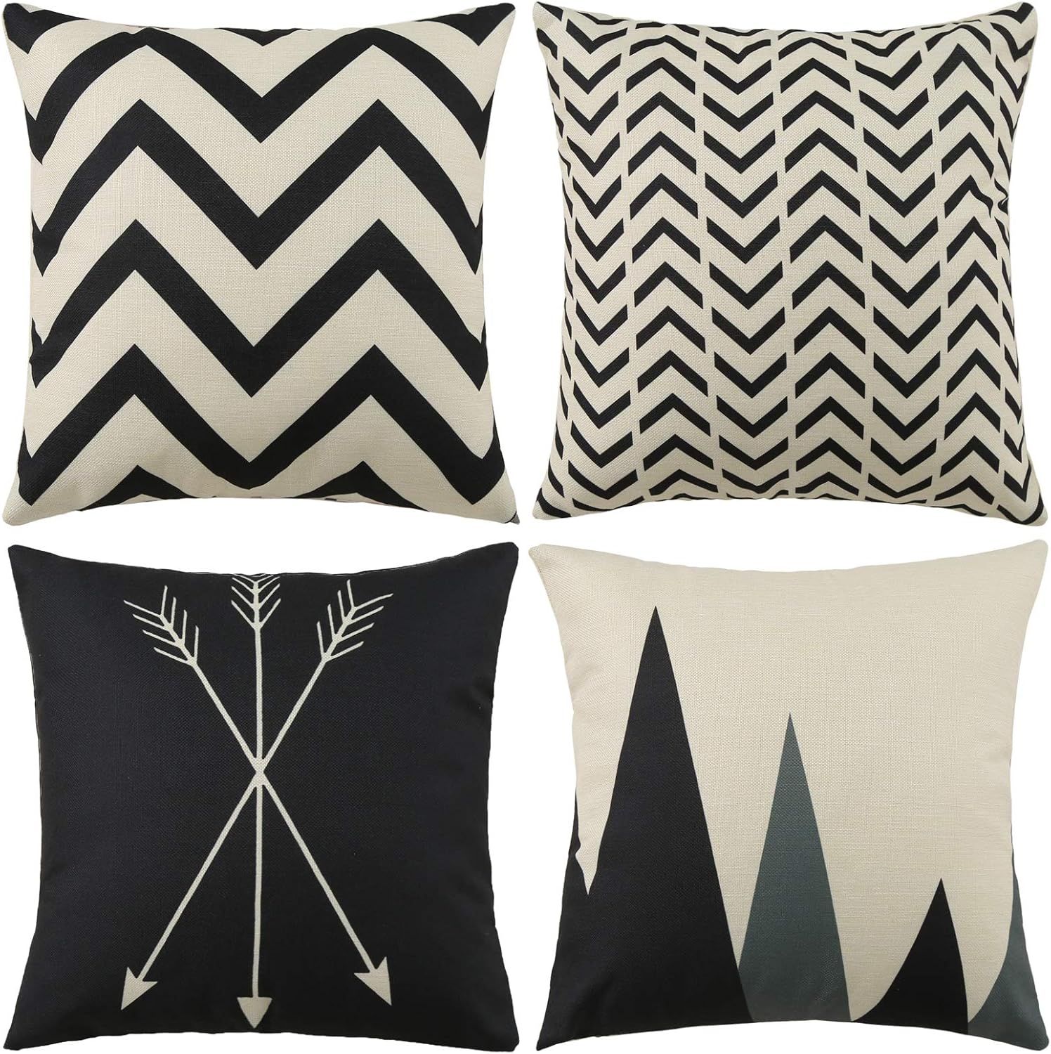 Set of 4 Black and Beige Geometric Cotton Polyester Pillow Covers