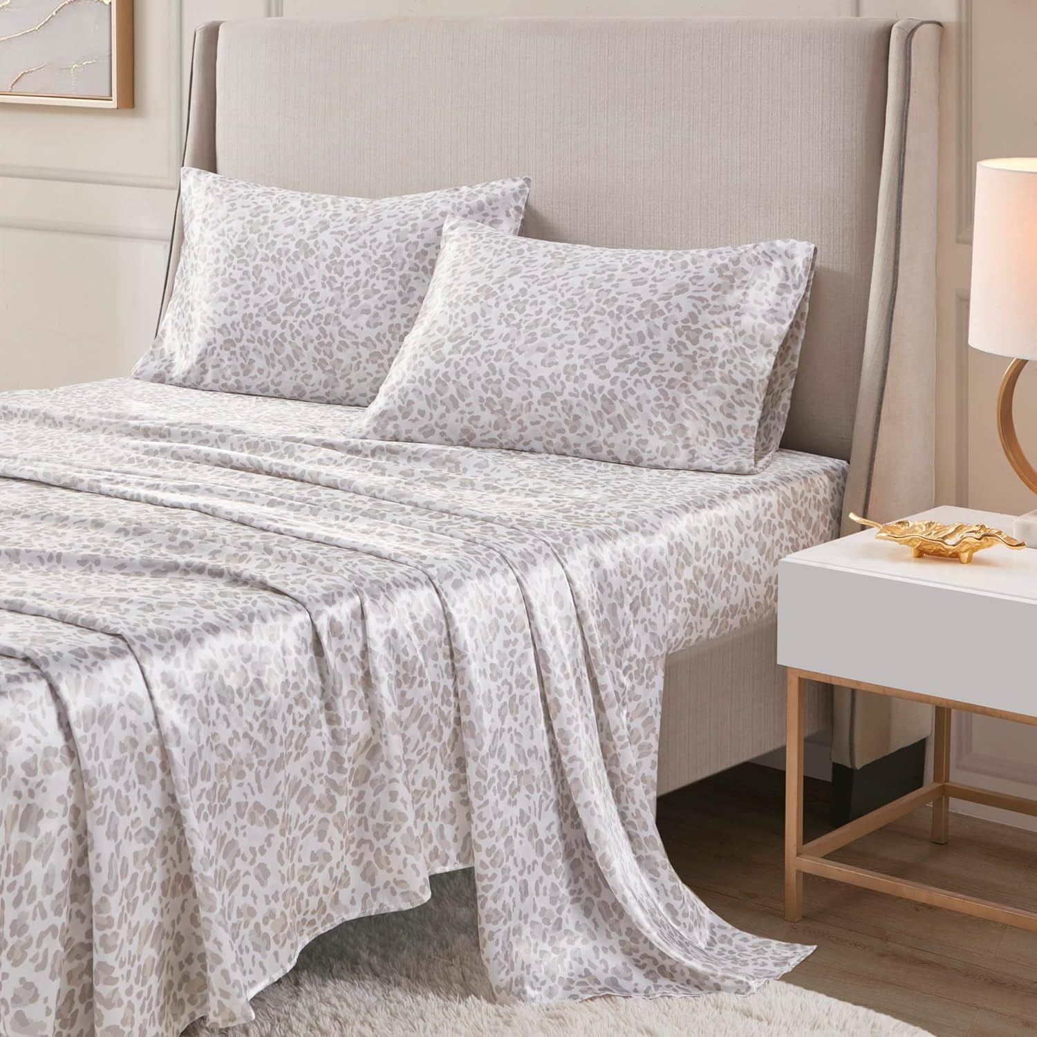 King Taupe Leopard Print Satin Sheet Set