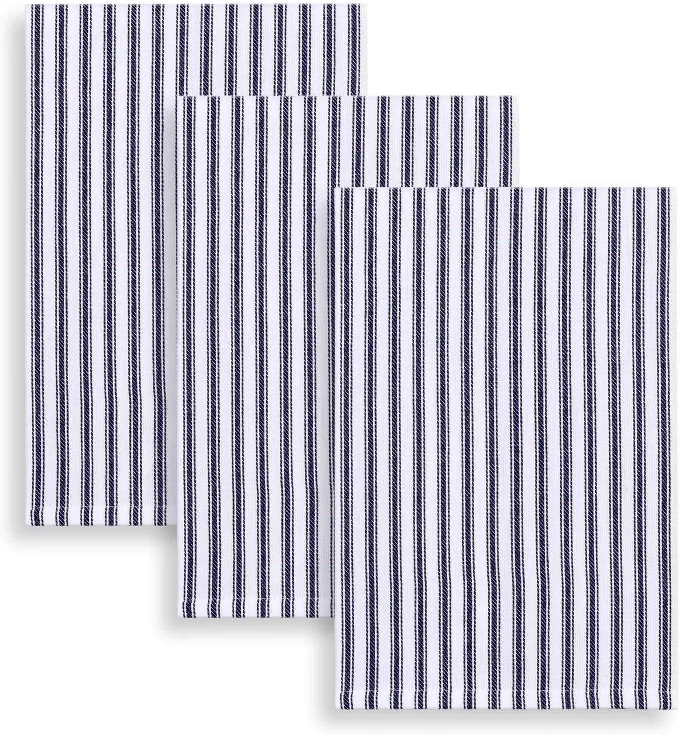 Navy Blue and White Striped Cotton Kitchen Towel Set, 18 x 28 Inches