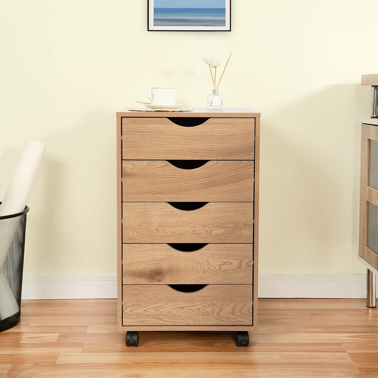 Natural MDF 5-Drawer Office Storage Cabinet with Casters