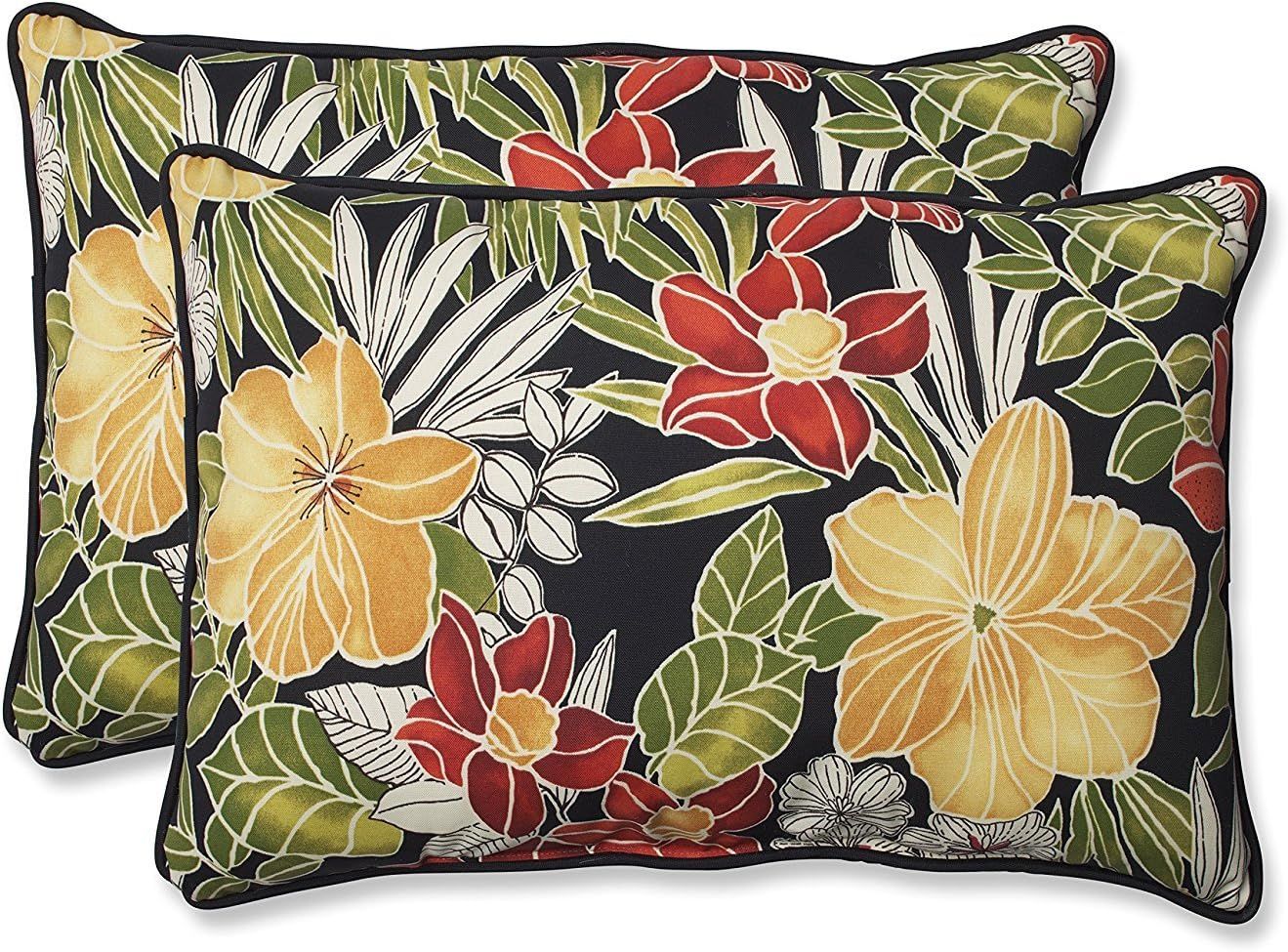 Tropic Floral Black and Green Rectangular Outdoor Pillows, Set of 2