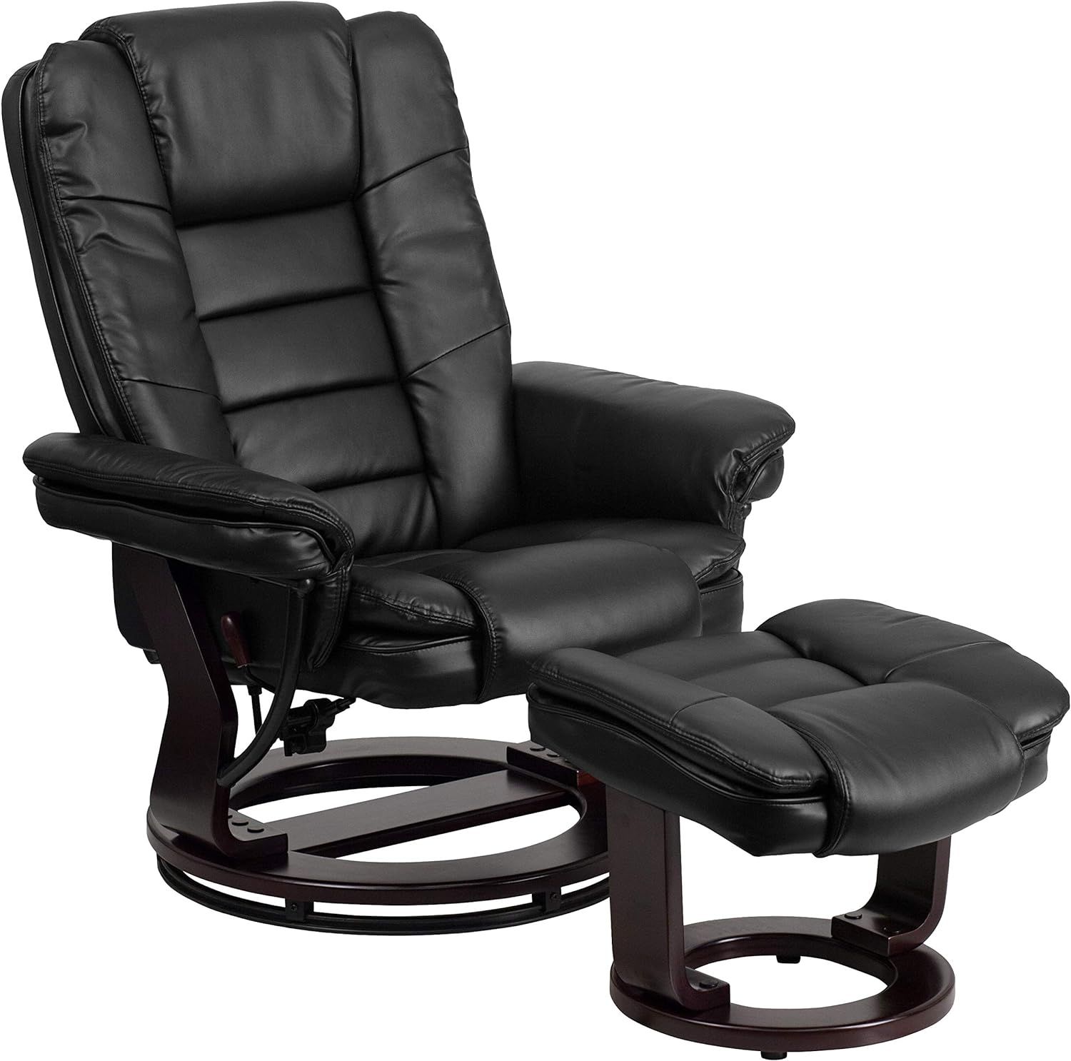 Black Faux Leather Swivel Recliner with Wood Base