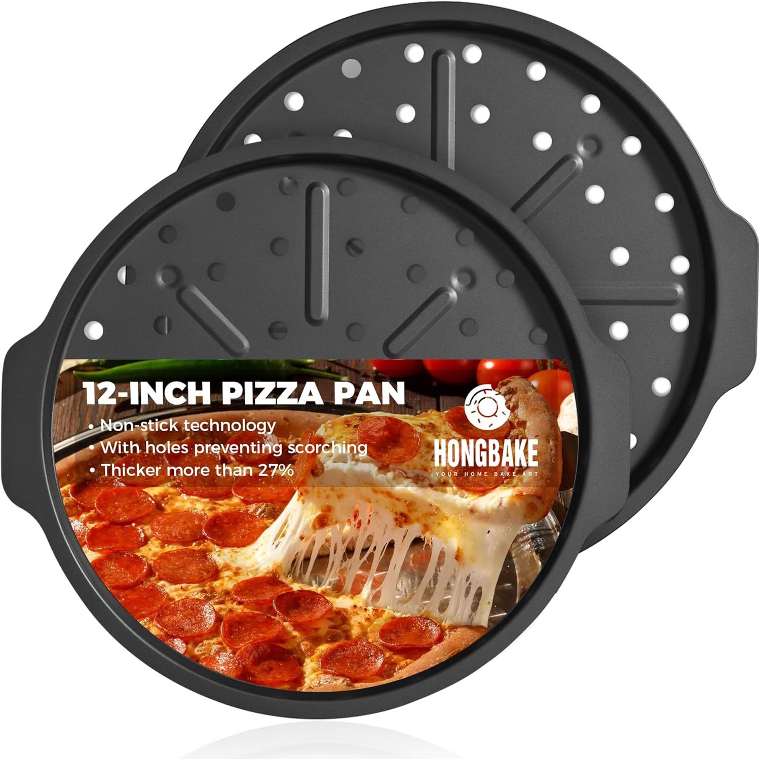 12-Inch Gray Nonstick Pizza Pan with Holes and Handles, Set of 2