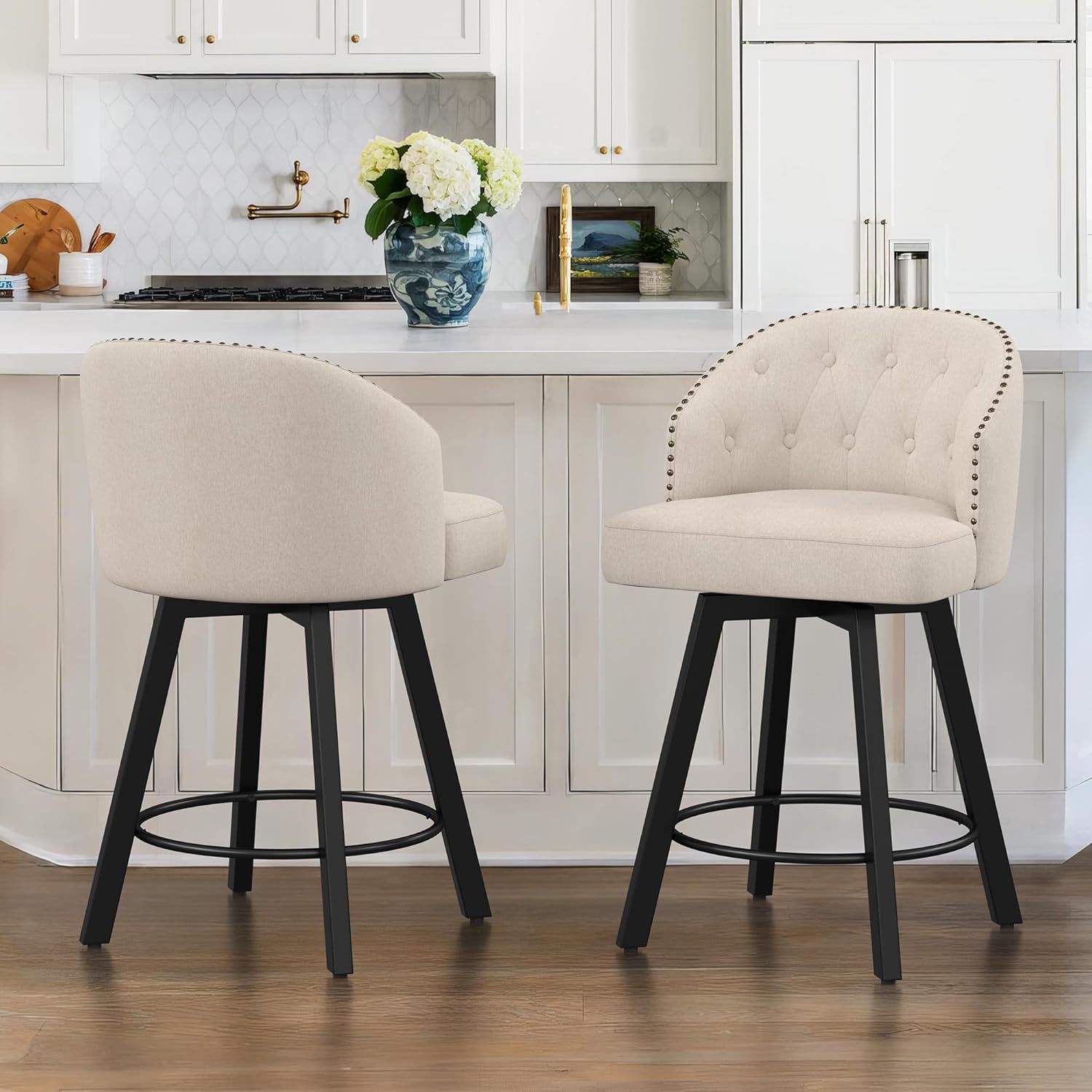 Linen Upholstered Swivel Counter Stools with Metal Legs, Set of 2