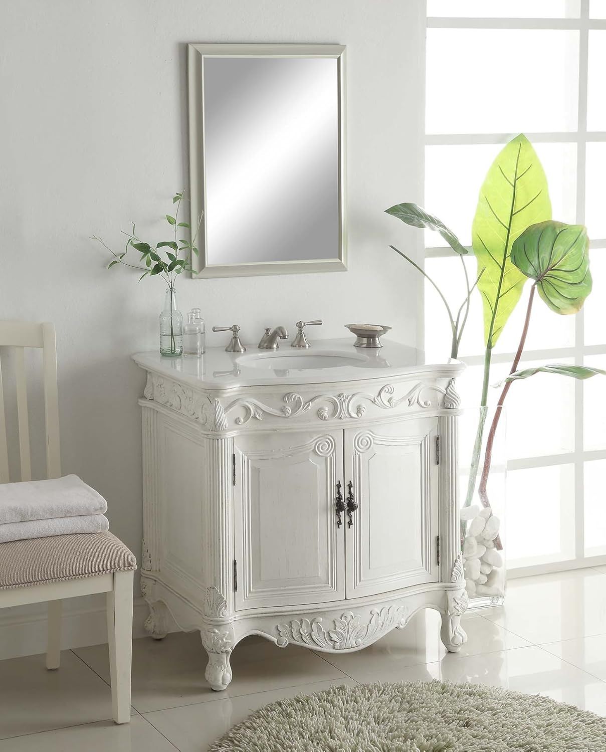 32'' Antique White Marble Top Traditional Bathroom Vanity