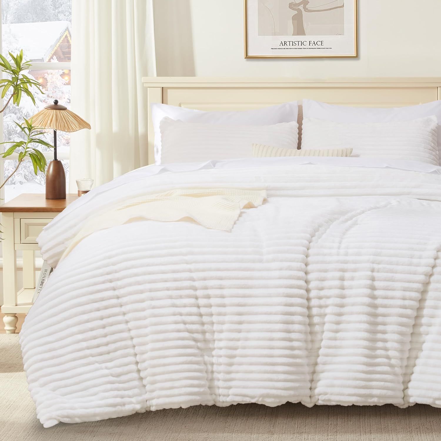 White Faux Fur Queen Comforter Set with Pillowcases