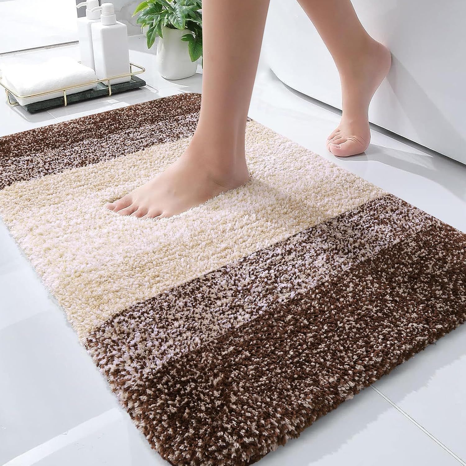 Brown and Beige Microfiber Non-Slip Bathroom Rug Mat 30x20