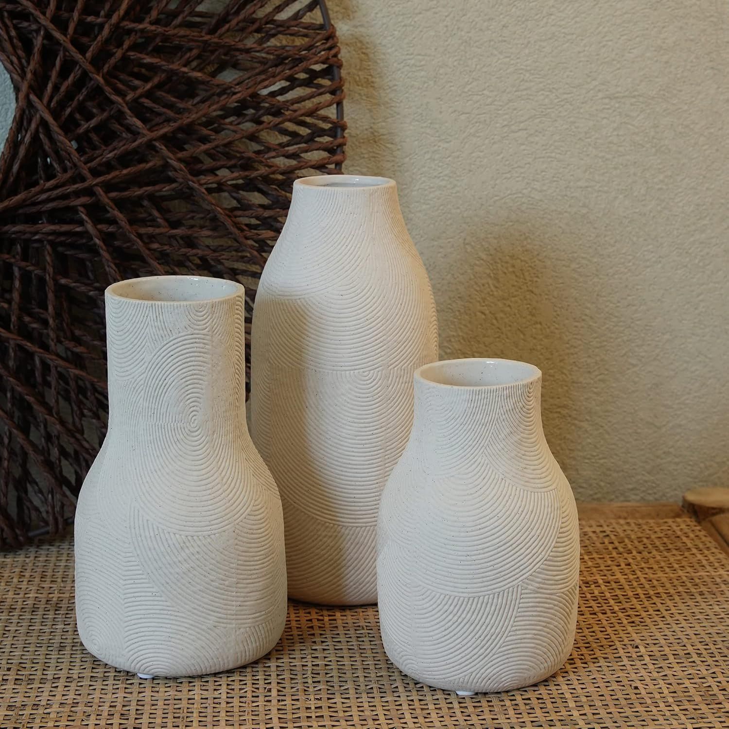 Matte White Textured Ceramic Vase Set of 3