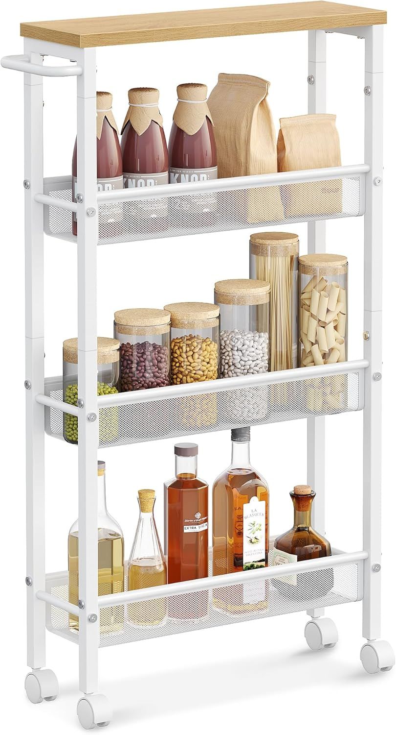 Oak Beige Modern 4-Tier Kitchen Cart with Metal Frame