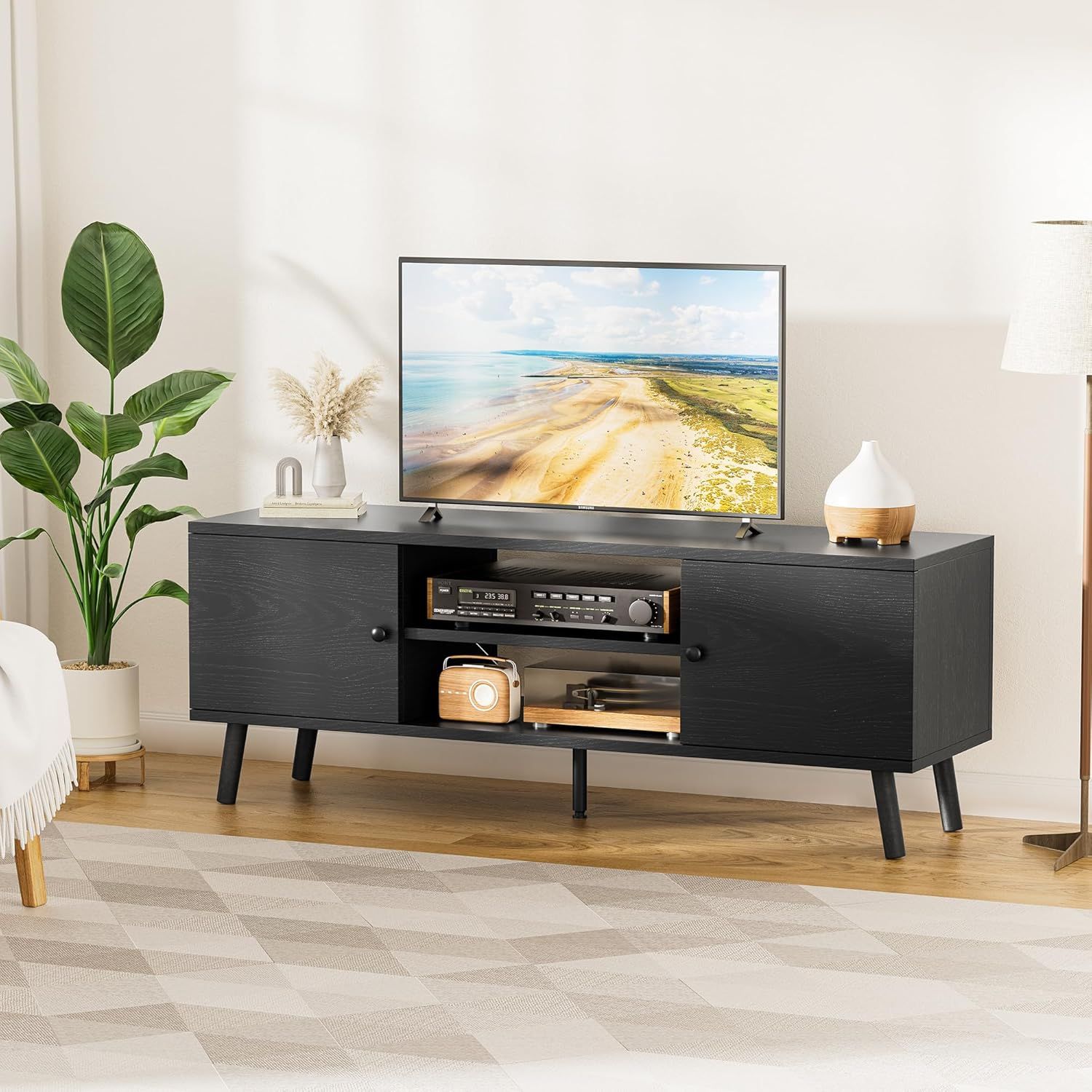 Black Engineered Wood Mid-Century Modern TV Stand with Storage