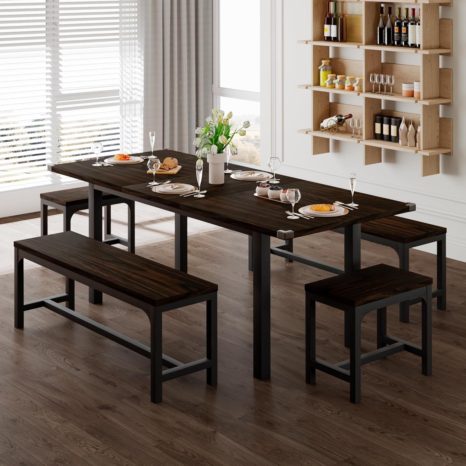 Espresso Extendable Dining Table Set with Benches and Stools