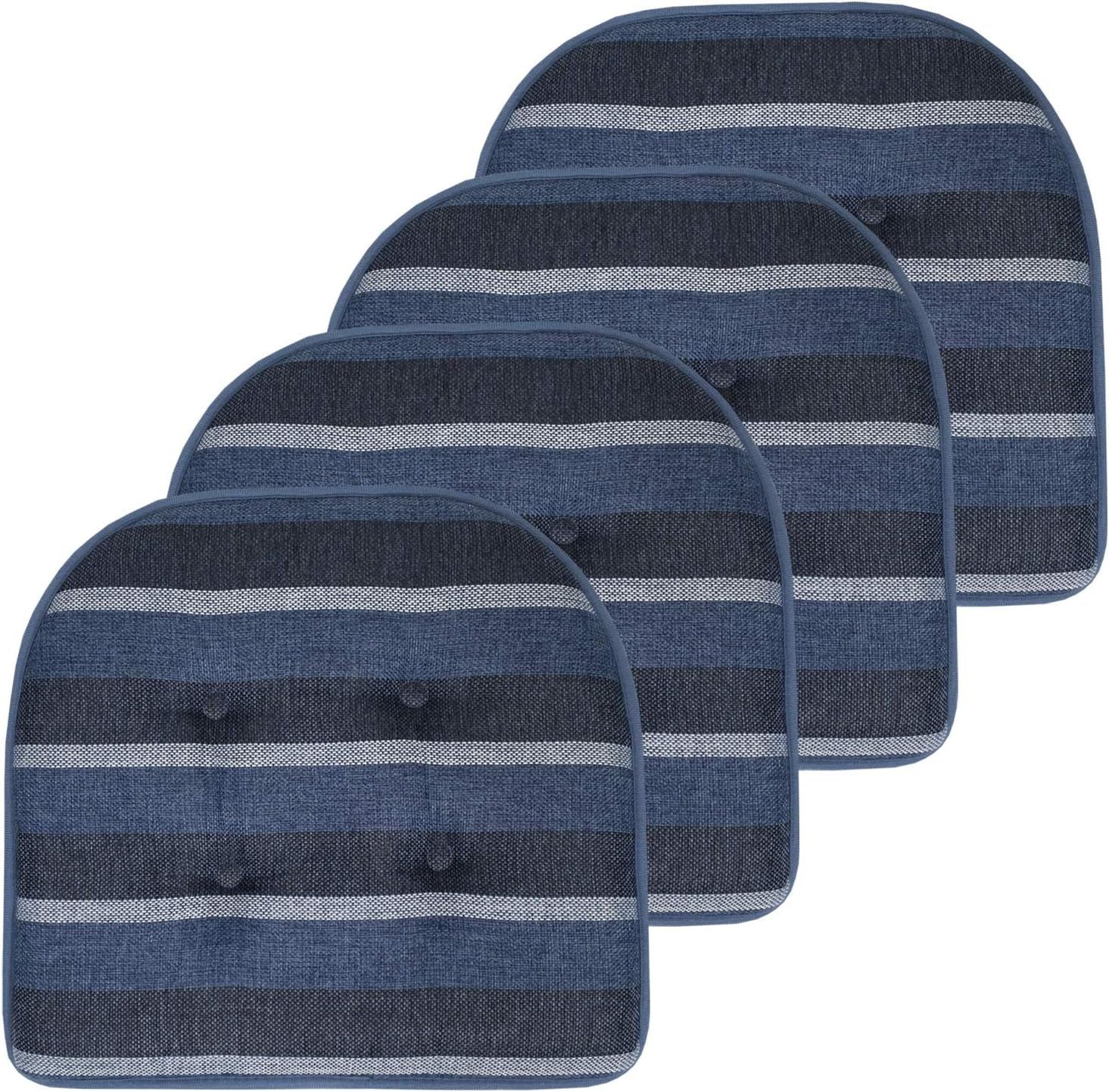 Steel Blue Striped Memory Foam Chair Cushions, Set of 4