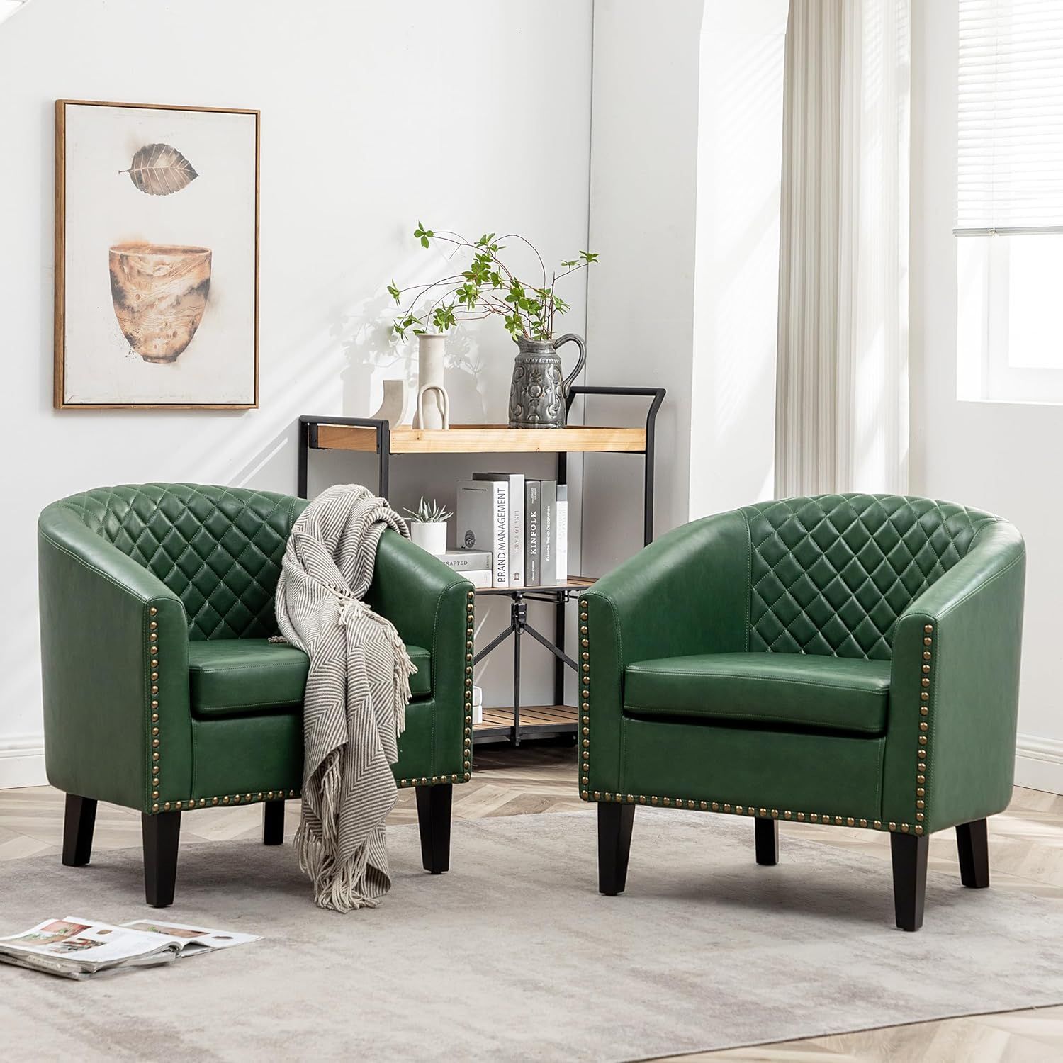 Green Faux Leather Barrel Accent Chairs with Nailhead Trim, Set of 2