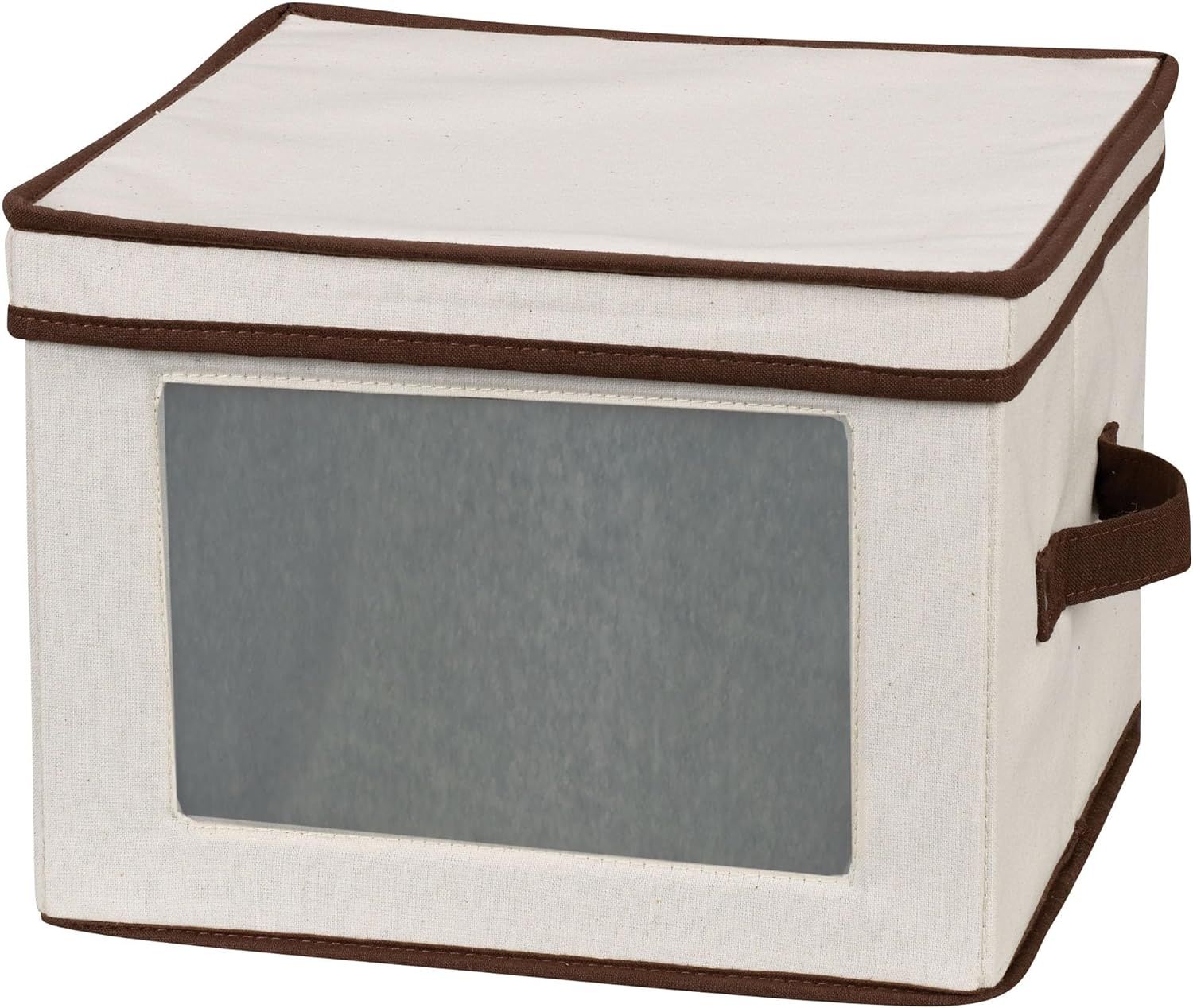 Natural Canvas Dinnerware Storage Box with Brown Trim and Handles