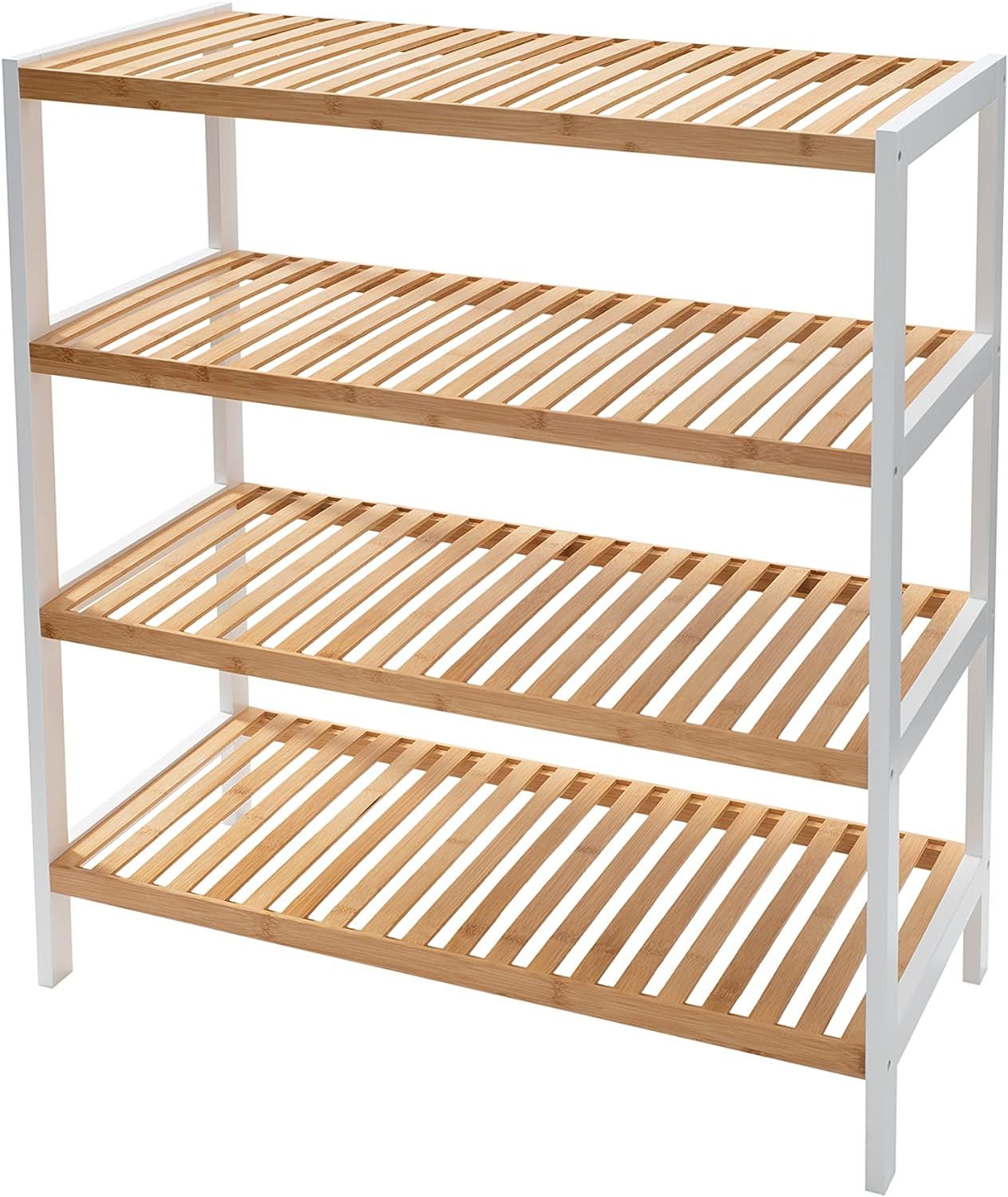 White and Bamboo 4-Tier Rectangular Footwear Storage Shelf