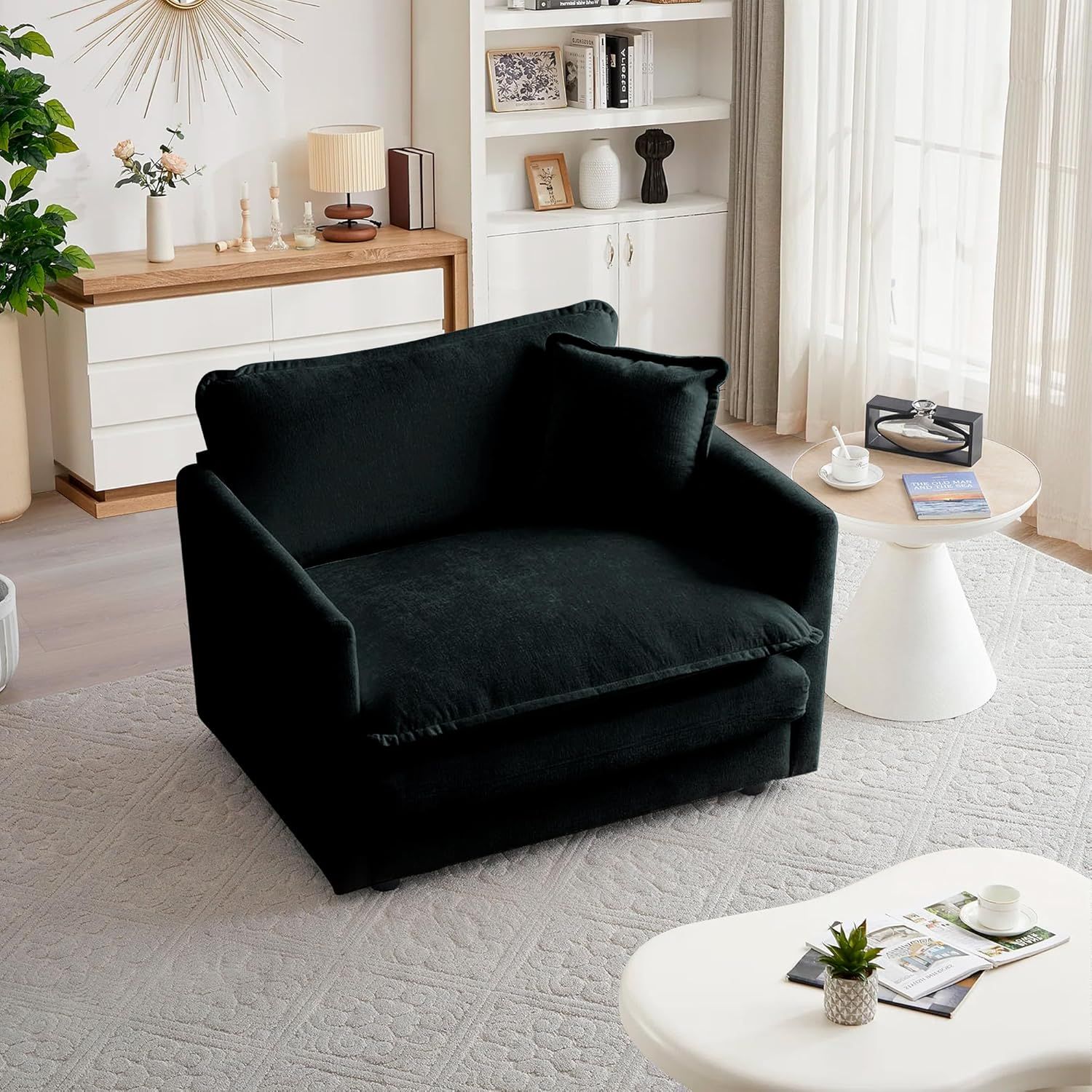 Black Chenille Oversized Modern Upholstered Armchair with Pillow