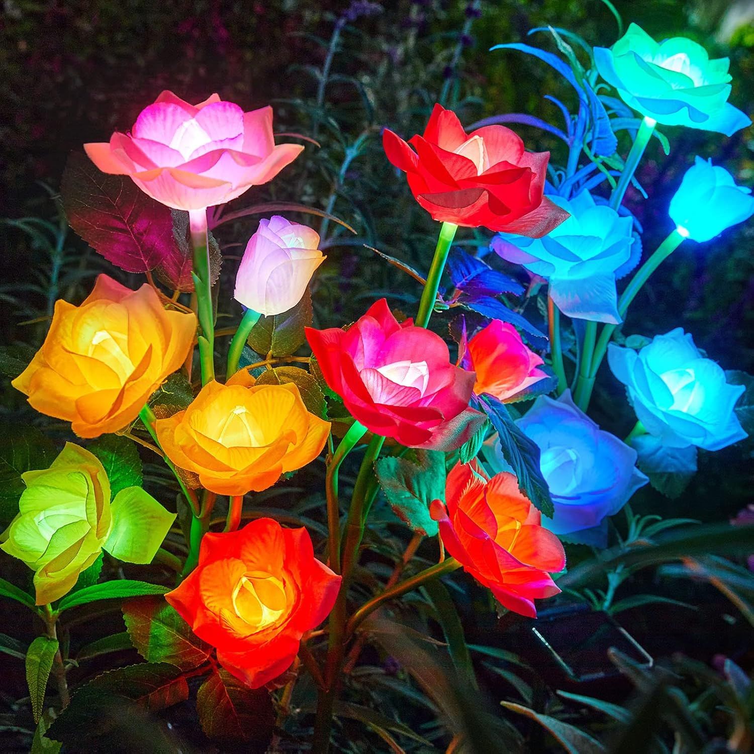 Multicolor LED Solar Garden Lights with Fabric Rose Flowers