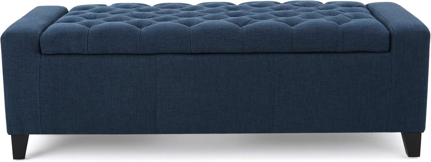 Dark Blue Tufted Fabric Storage Ottoman with Birch Legs