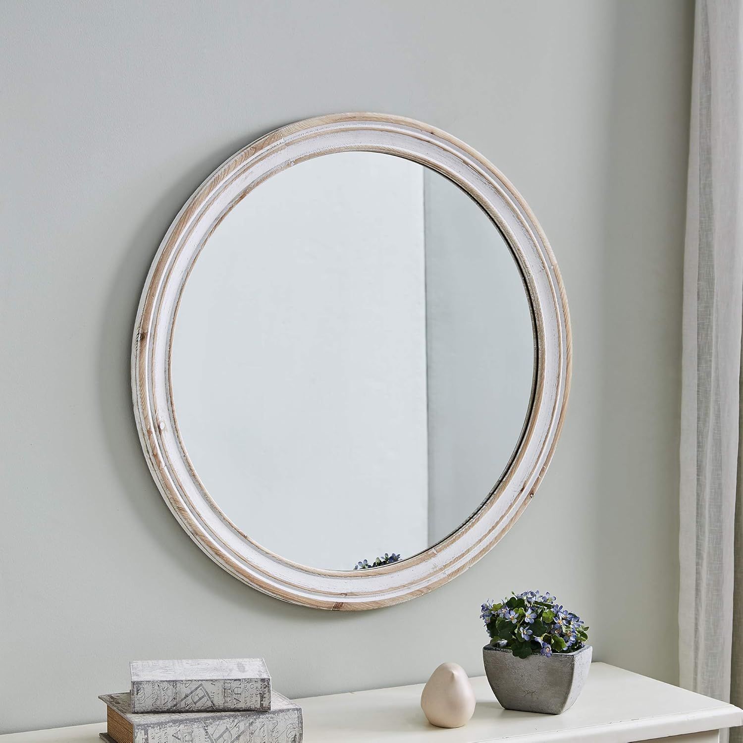 Aged White Round Weathered Wood Wall Mirror 32.8"