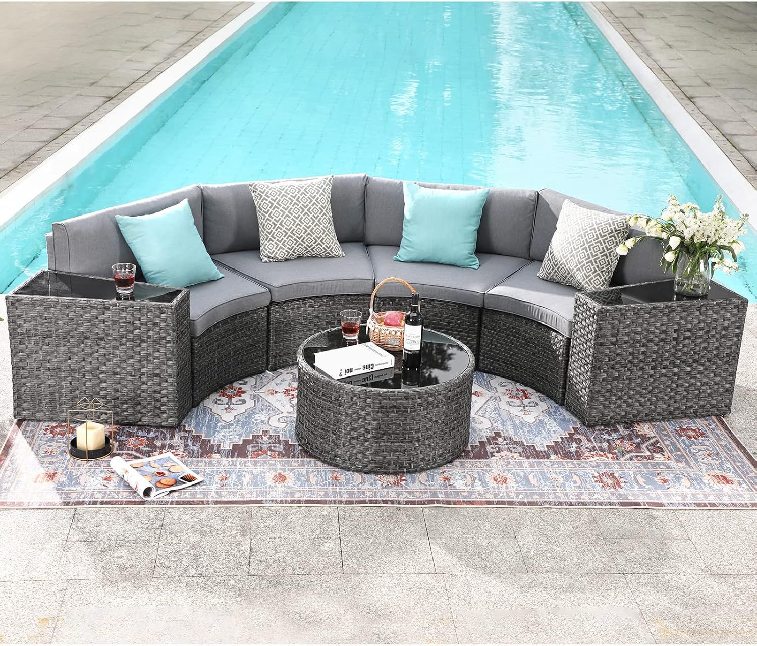 Grey Wicker 7-Piece Half-Moon Outdoor Sofa Set with Coffee Table