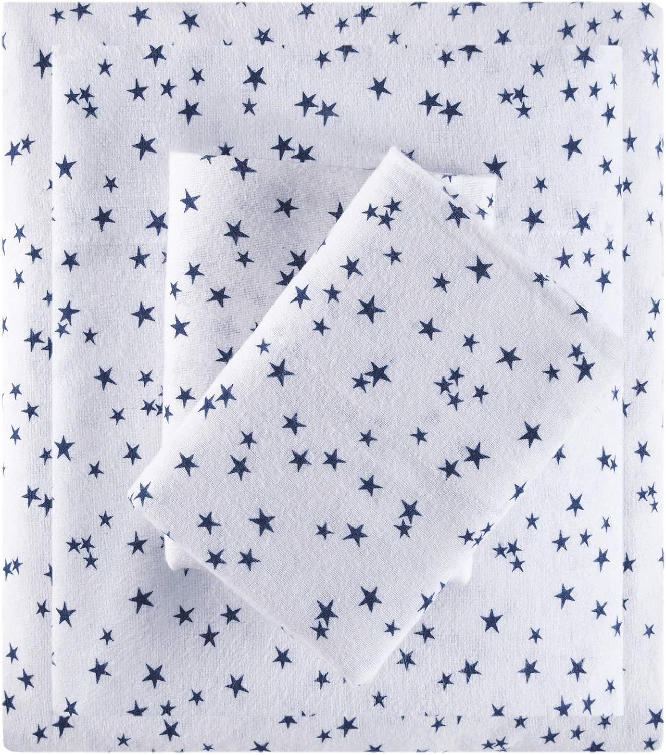 Intelligent Design Cozy Soft 100% Cotton Flannel Print Animals Stars Cute Warm, Ultra Soft Cold Weather Sheet Set Bedding, Twin, Blue Stars 3 Piece