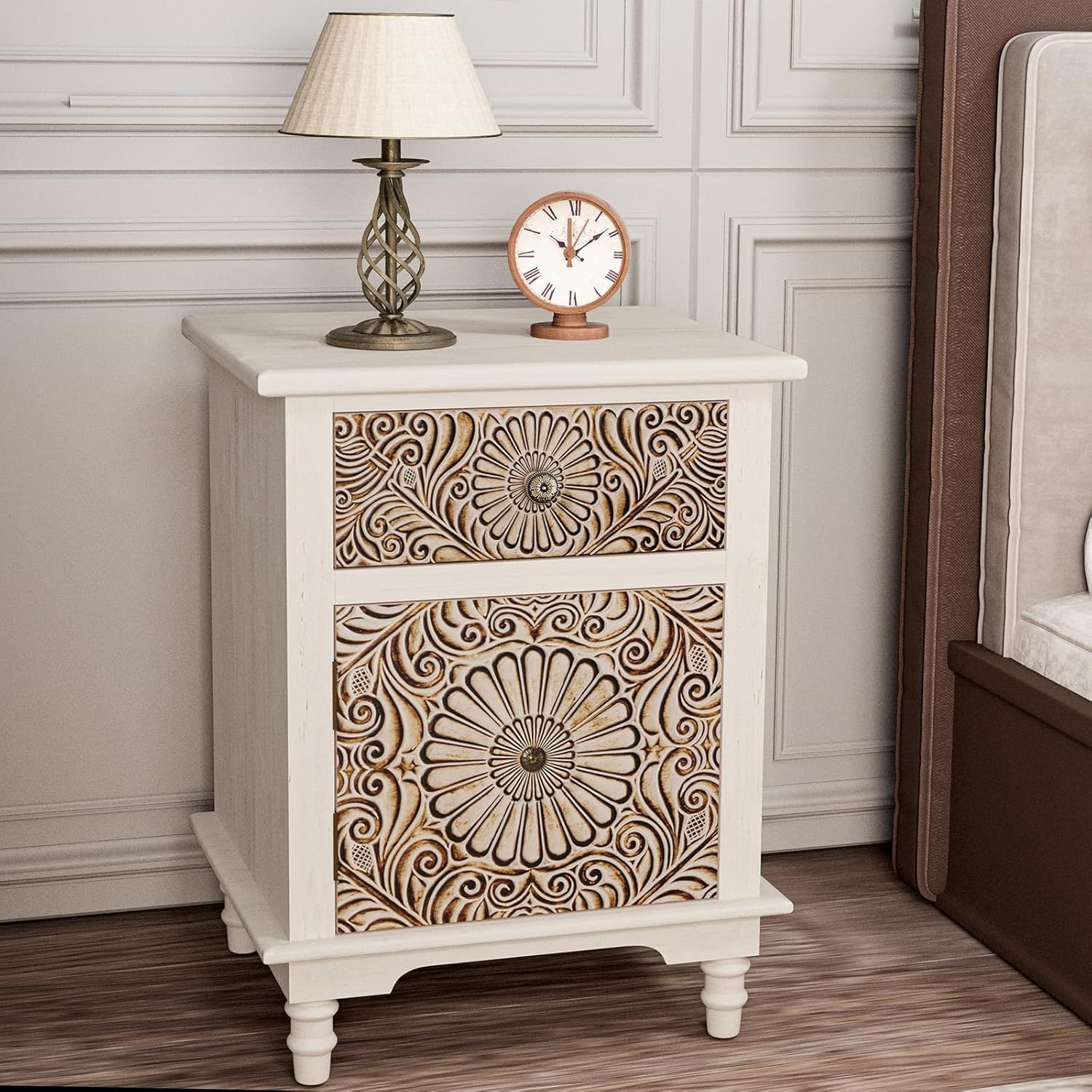 Light Gray Floral Carved MDF Nightstand with Drawer