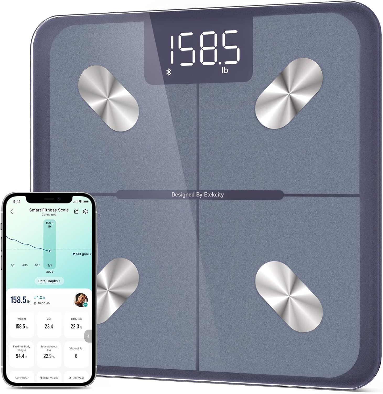 Digital Smart Body Analysis Scale with Bluetooth, Gray Tempered Glass