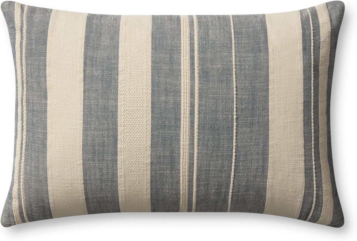 Ivory and Denim Striped Cotton Lumbar Pillow Cover 13'' x 21''