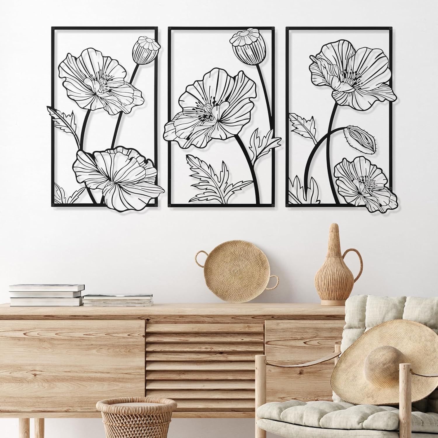 Black Metal Floral Minimalist Wall Art Set of 3