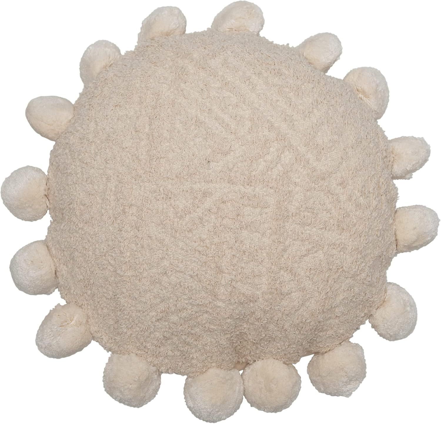 Cream Round Cotton Throw Pillow with Pom Poms