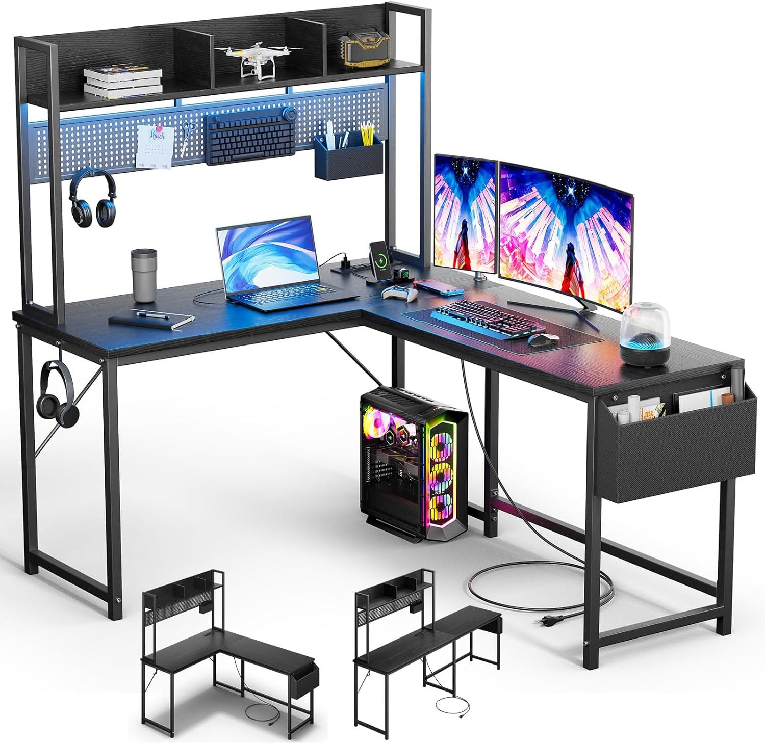 Black L-Shaped Gaming Desk with USB Ports and LED Lights