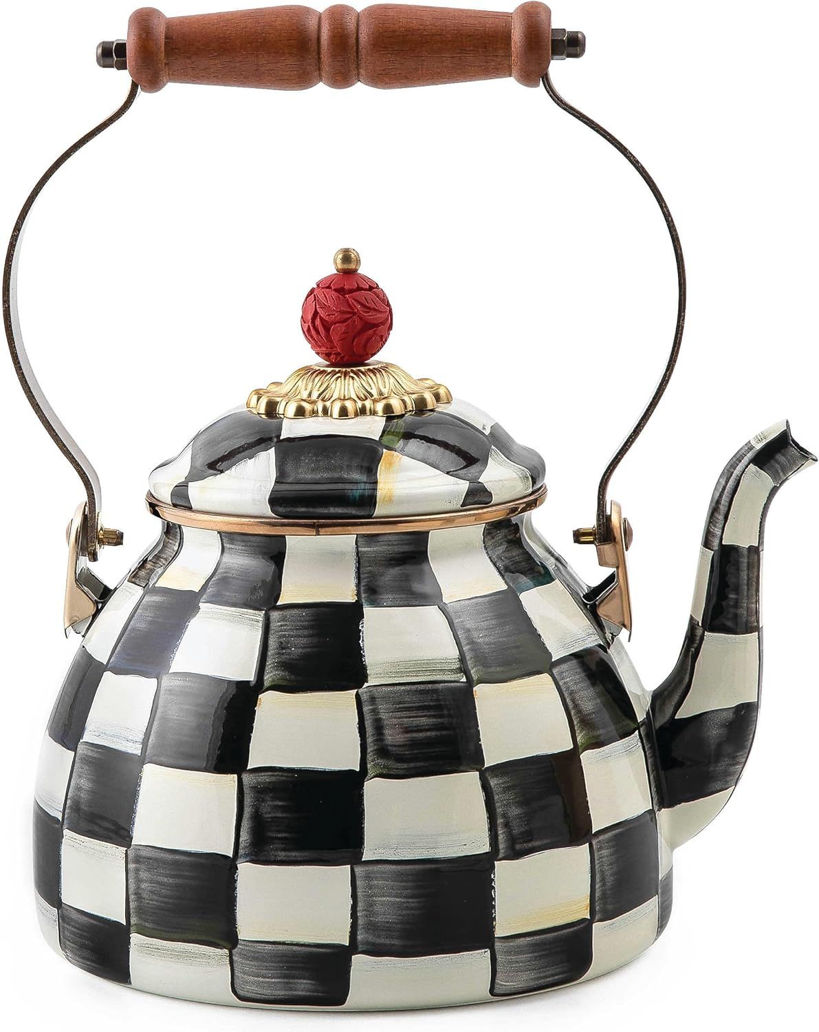 Extra Small Black and White Checkered Stainless Steel Kettle with Wooden Handle