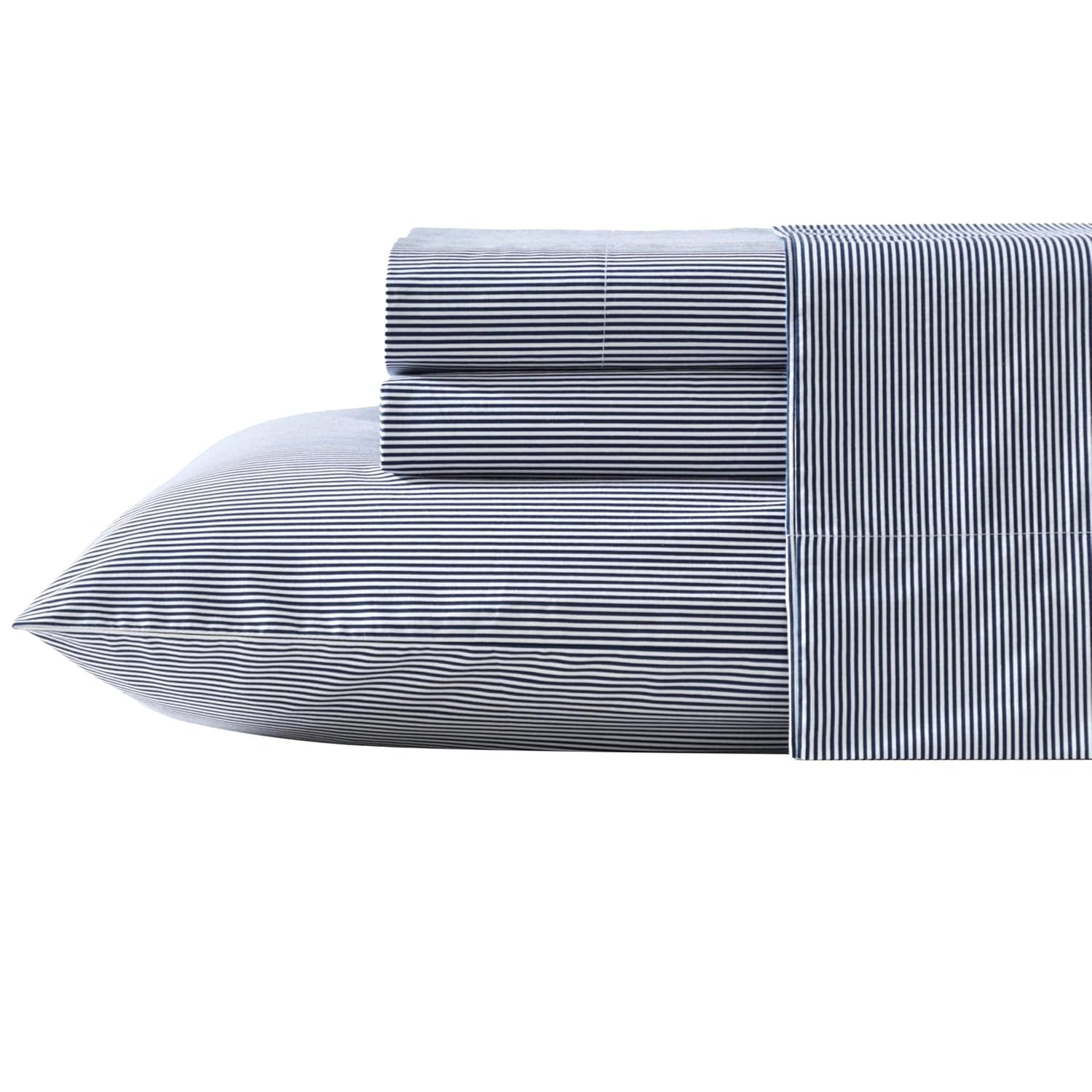 Queen Navy and White Cotton Percale Deep Pocket Bedding Set