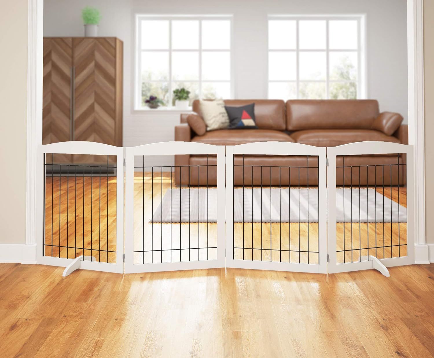 White Freestanding Foldable Wooden Pet Gate with Steel Wire