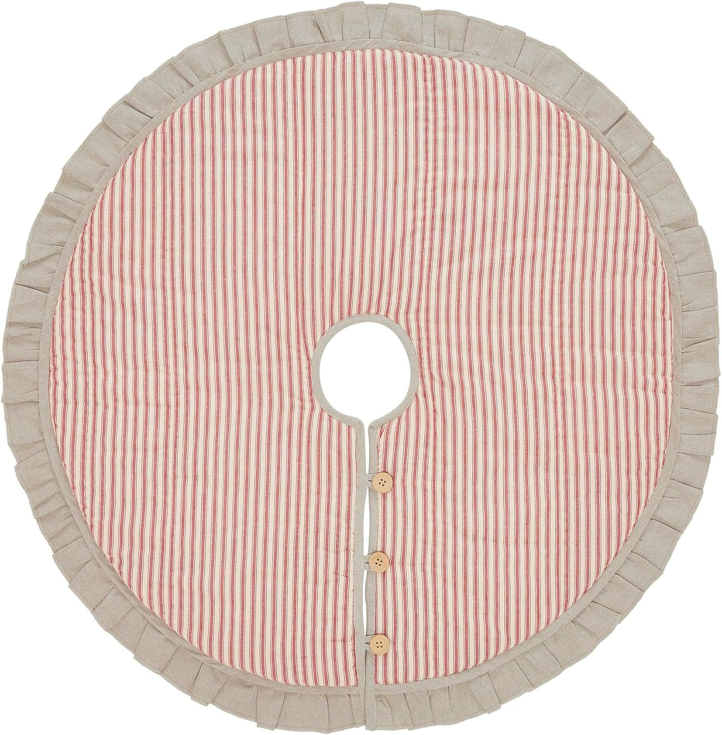 36" Red Ticking Stripe Farmhouse Tree Skirt with Ruffled Edge