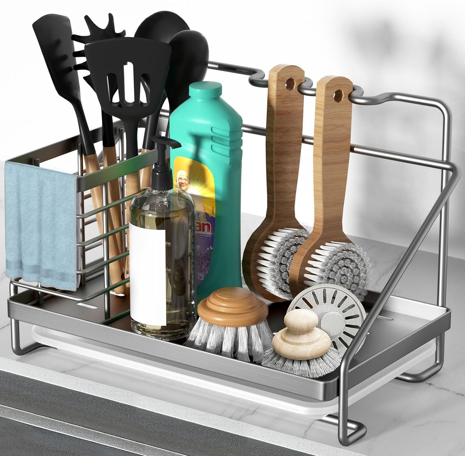 Stainless Steel Kitchen Sink Caddy with Side Basket and Drain Tray