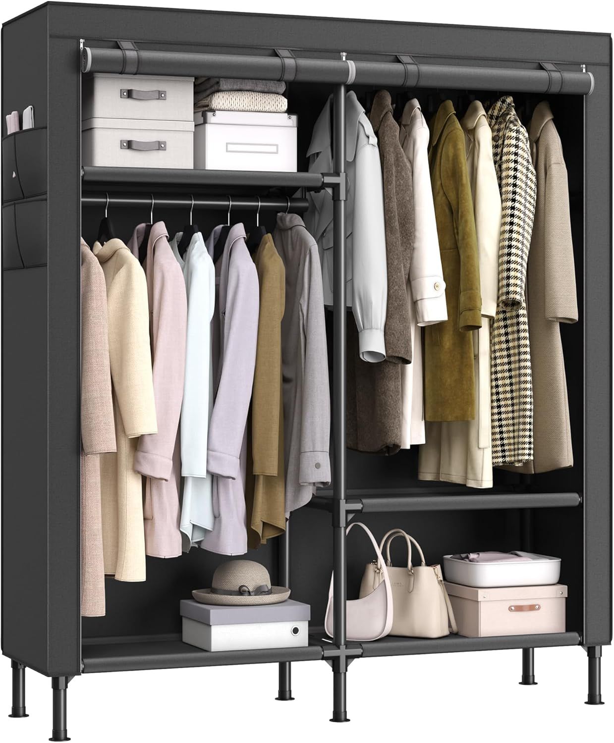 Black Heavy Duty Portable Wardrobe Closet with Shelves and Hanging Rails